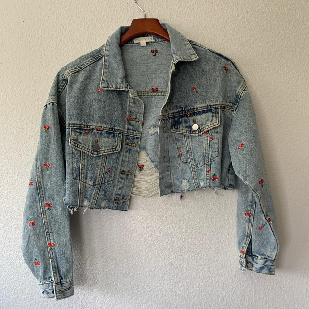 Cherry cropped denim jacket